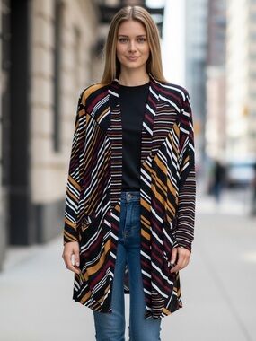 NWOT CHICO'S Mixed-Stripe Cardigan Open Front Brown Multi